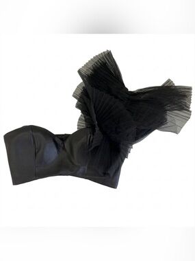 ASOS Black Leather Bustier Top with Dramatic Pleated Tulle Sleeve